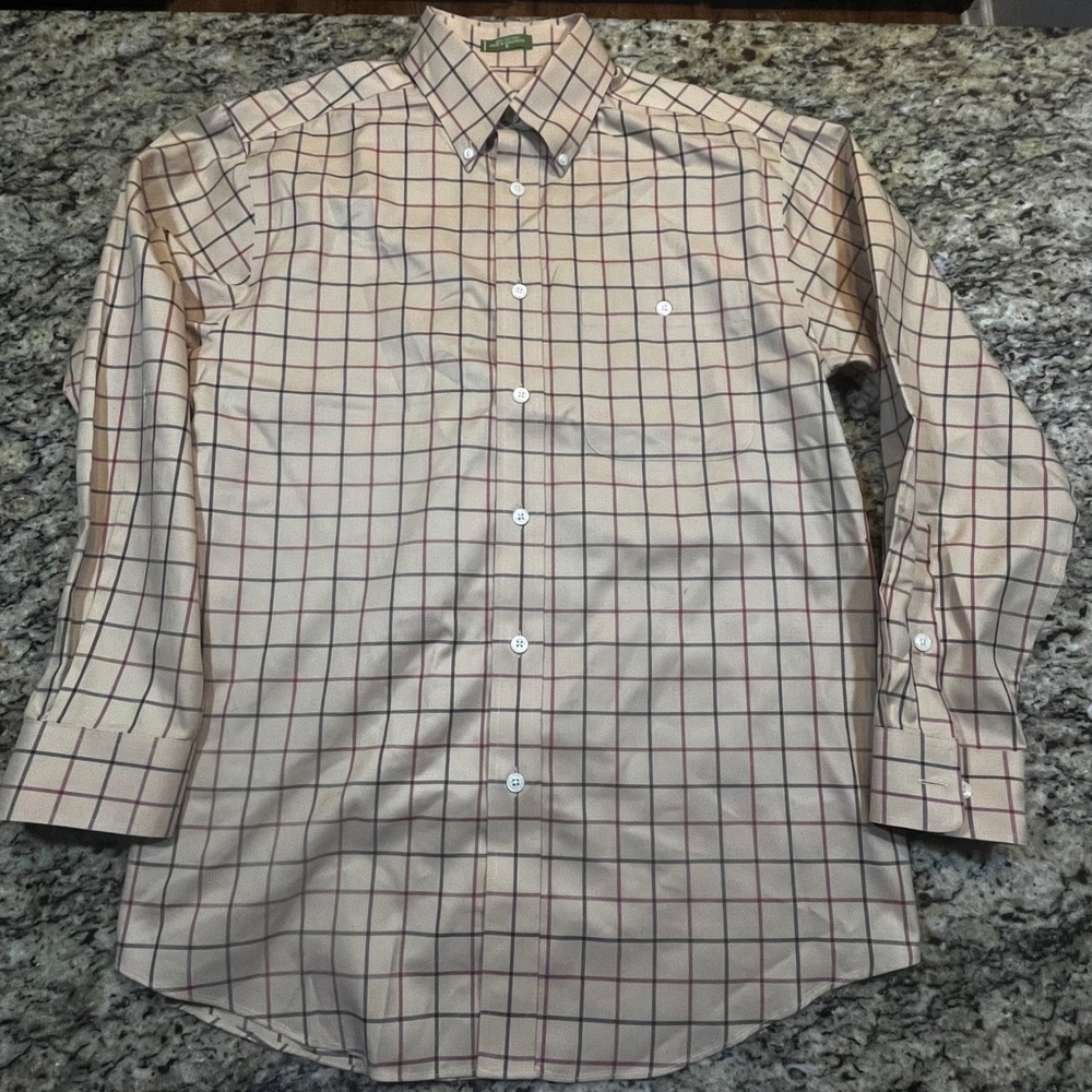 Orvis Mens Tattersall Check Button Down Shirt Tan Cotton Long Sleeve Size M